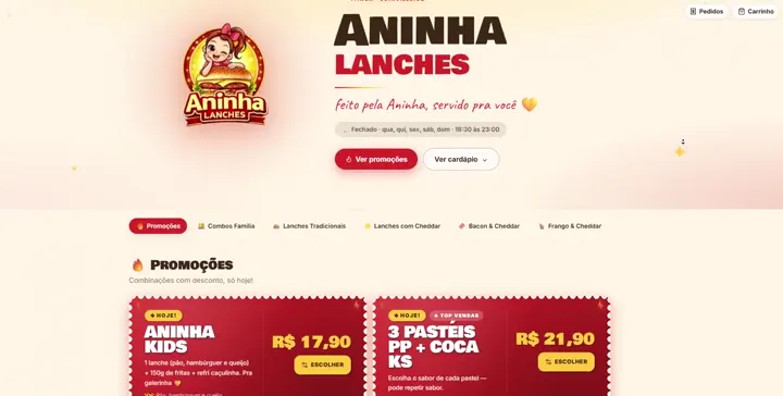 Cardápio digital da Aninha Lanches com promoções em destaque e identidade quente em vermelho e amarelo