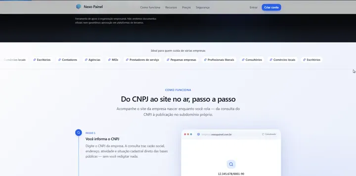 Tela do NexoPainel: seção Do CNPJ ao site no ar, passo a passo, com interface clara em azul