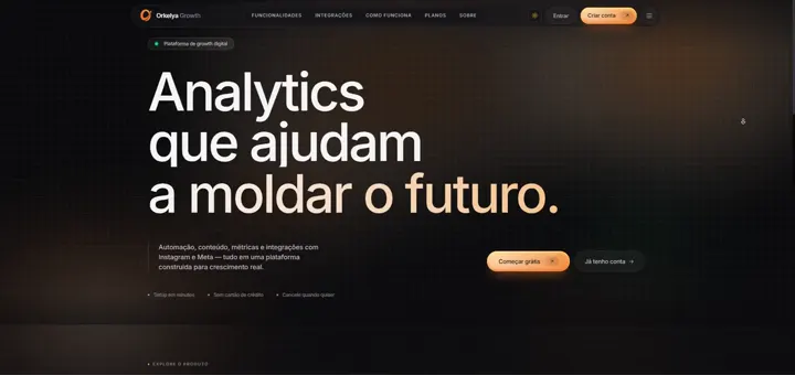 Tela da plataforma Orkelya Growth: hero escura com o título Analytics que ajudam a moldar o futuro