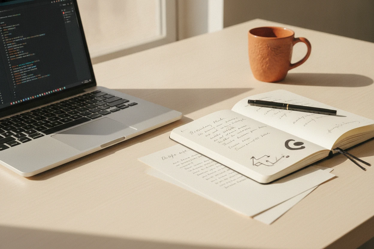 Bancada de trabalho da aefeka: notebook com código, caderno de anotações e uma caneca cor de cobre sob luz quente